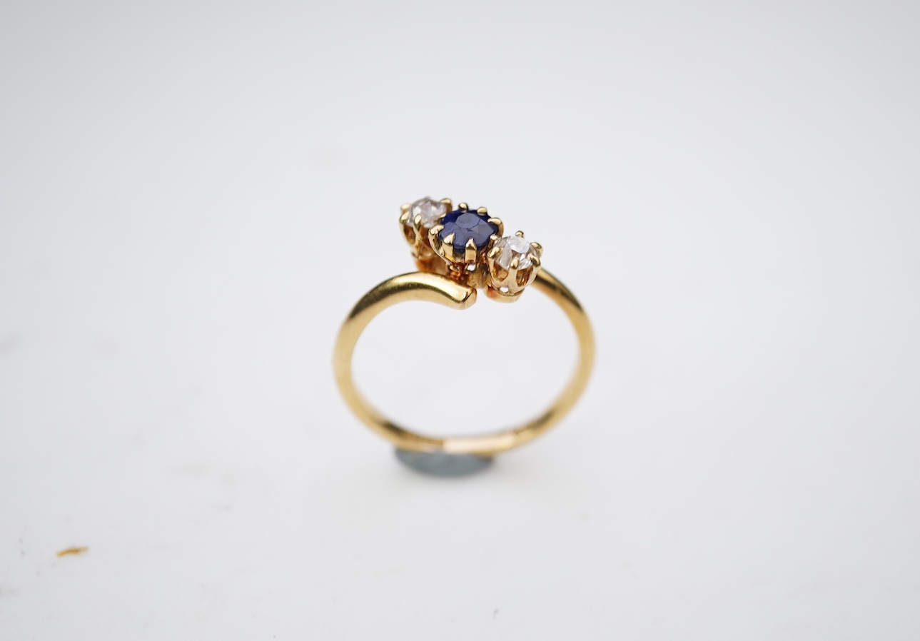 A sapphire and diamond three-stone ring, early 20th century